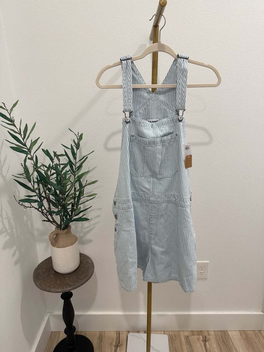 Old Navy Blue and White Striped Denim Shortalls Overalls